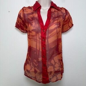 NYC Design Women 100% Silk Button Up Top Small Orange Paradise Tropical Vacation